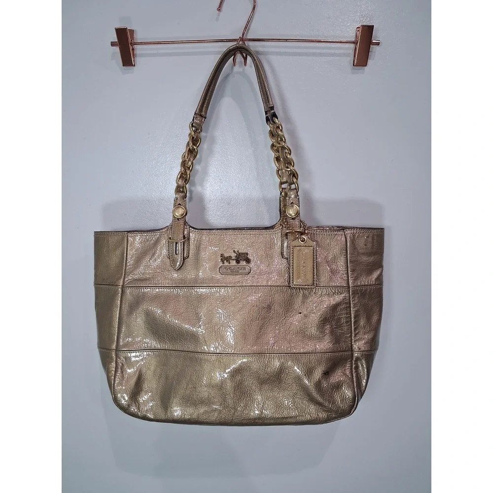 Coach Madison Metallic Gold Leather Chain Tote Bag Champagne Purse